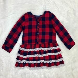Hanna Andersson Cotton Red White Lace Ruffle Button Down Plaid Dress Size 3Y
